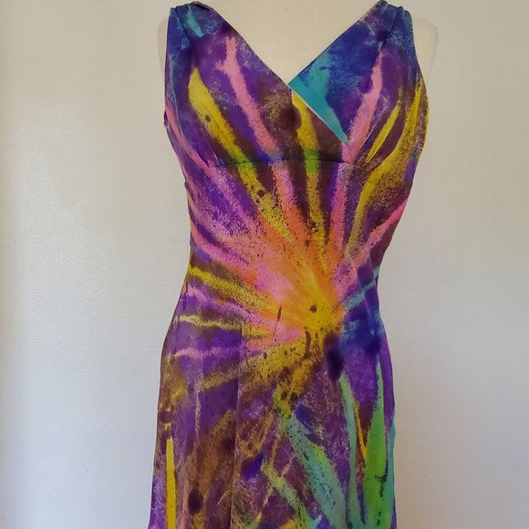 Silk Short Dress african batik purple yellow gold pink blue palms tropical beach - Picture 2 of 11